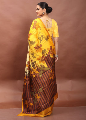 Yellow Printed Pure Silk Saree Without Blouse Piece