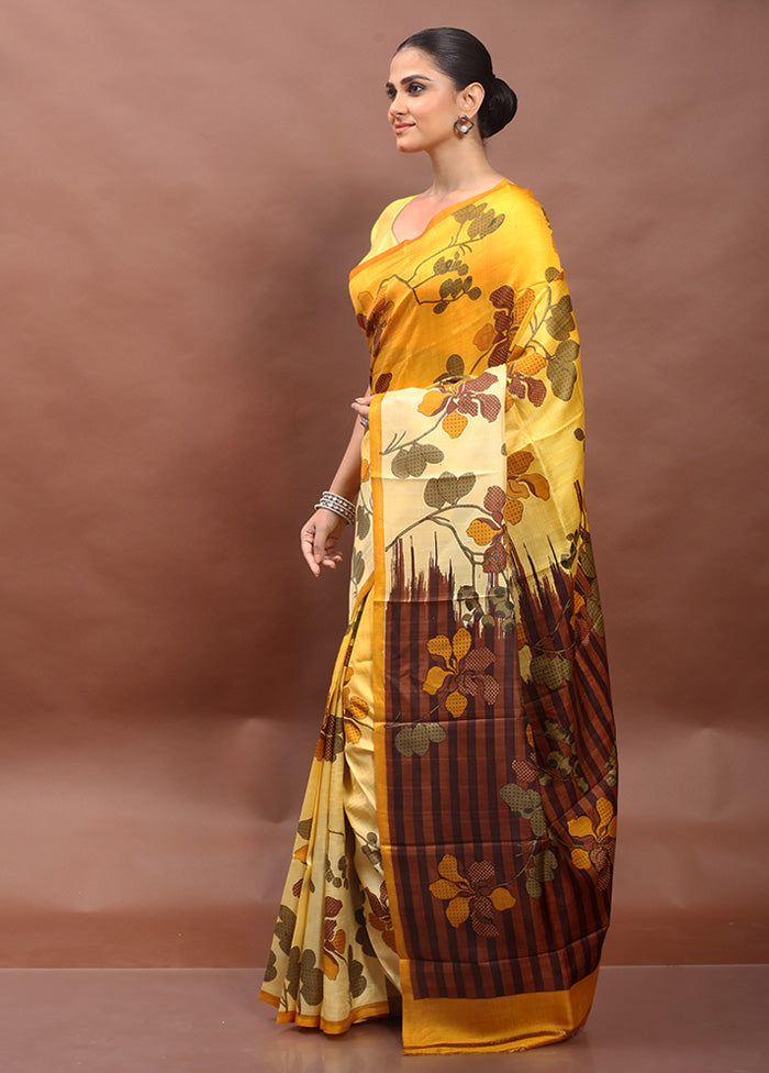 Yellow Printed Pure Silk Saree Without Blouse Piece
