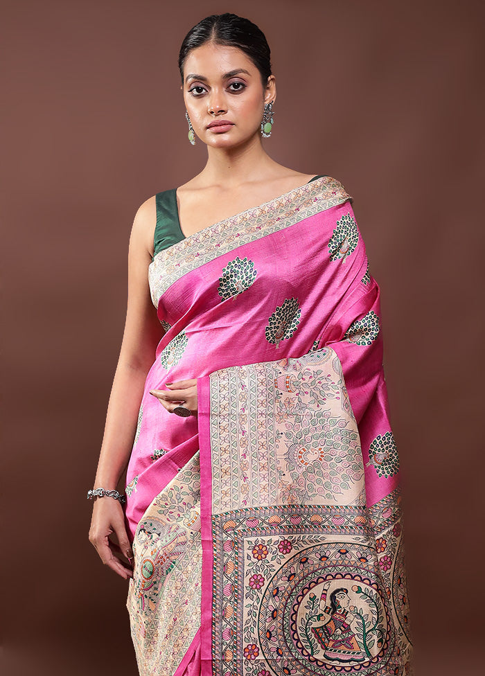 Pink Printed Pure Silk Saree Without Blouse Piece