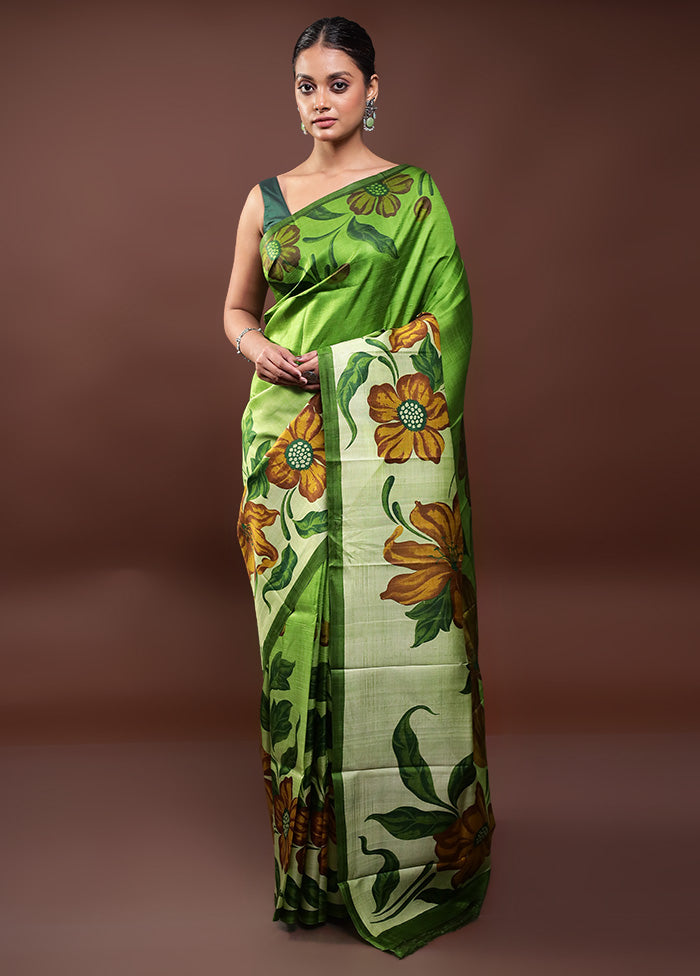 Green Printed Pure Silk Saree Without Blouse Piece