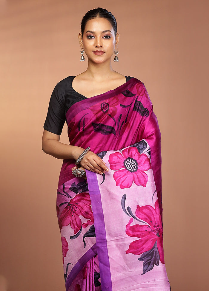 Purple Printed Pure Silk Saree Without Blouse Piece