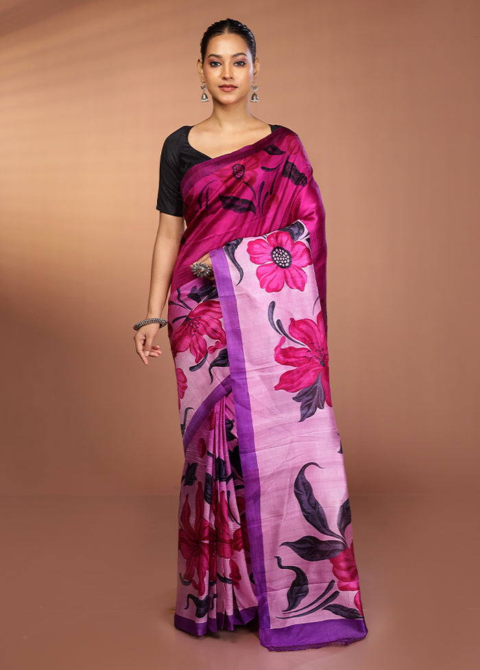 Purple Printed Pure Silk Saree Without Blouse Piece