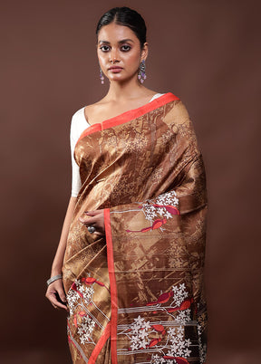 Brown Printed Pure Silk Saree Without Blouse Piece