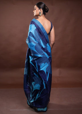 Blue Printed Pure Silk Saree Without Blouse Piece