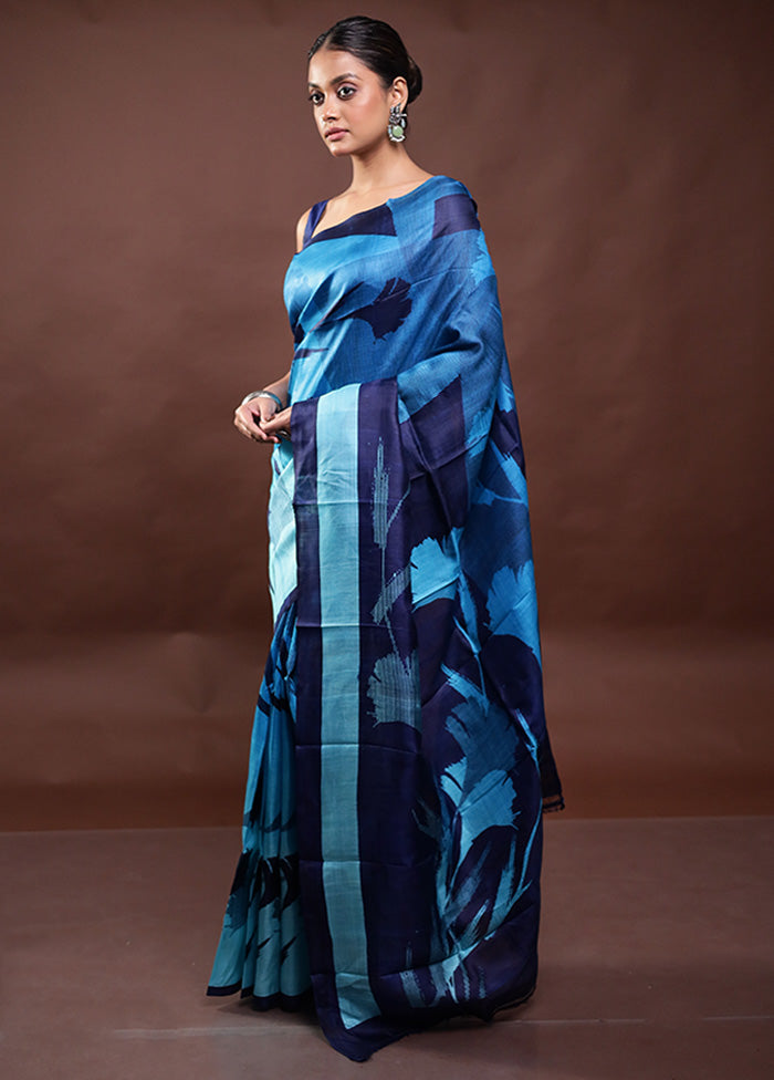 Blue Printed Pure Silk Saree Without Blouse Piece