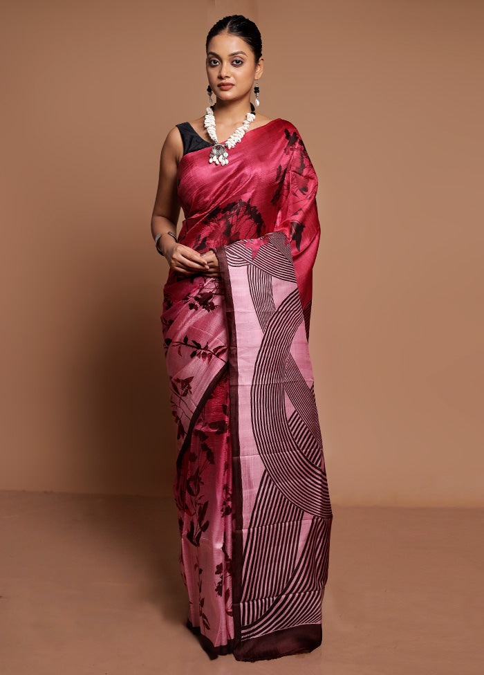 Pink Printed Pure Silk Saree Without Blouse Piece