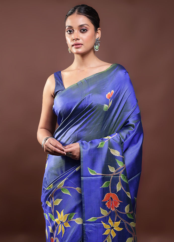 Blue Pure Bishnupuri Silk Saree Without Blouse Piece