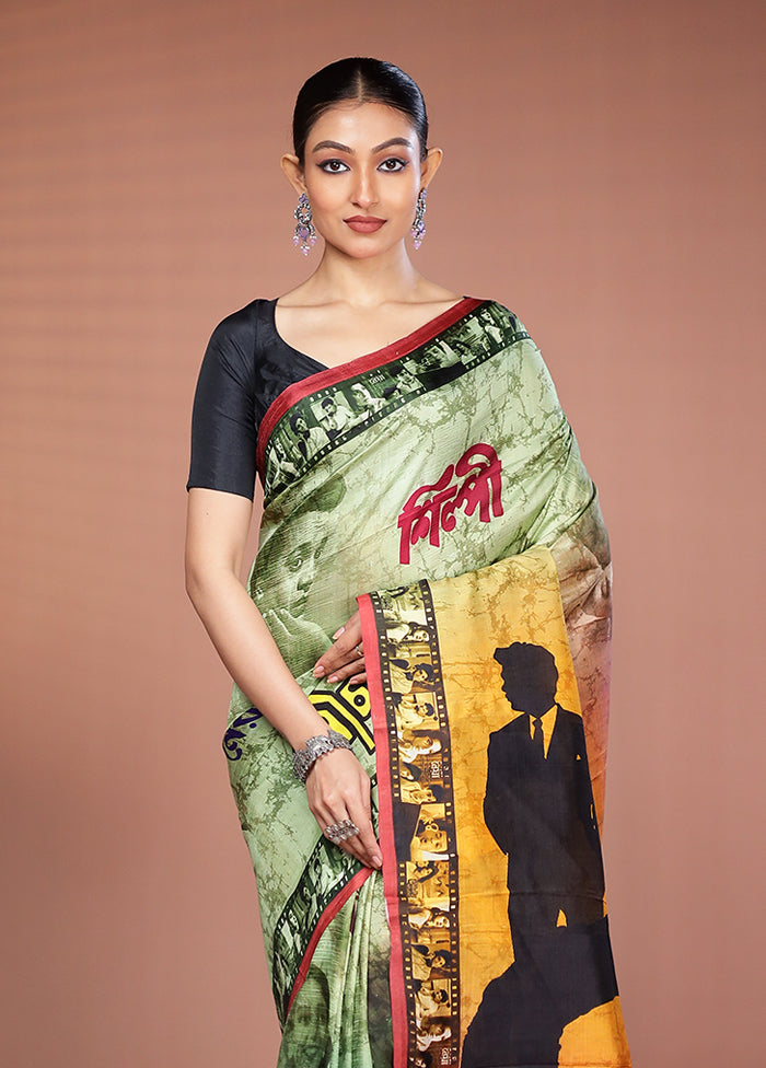 Green Handloom Printed Pure Silk Saree Without Blouse Piece