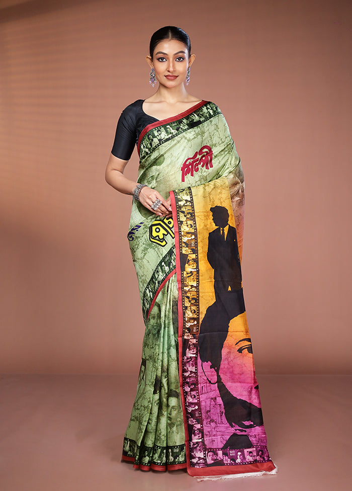 Green Handloom Printed Pure Silk Saree Without Blouse Piece