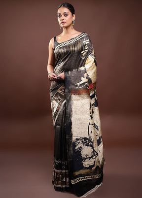 Black Printed Pure Silk Saree Without Blouse Piece