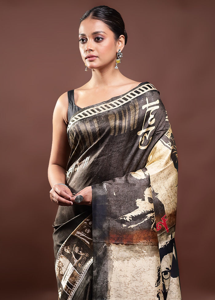 Black Printed Pure Silk Saree Without Blouse Piece