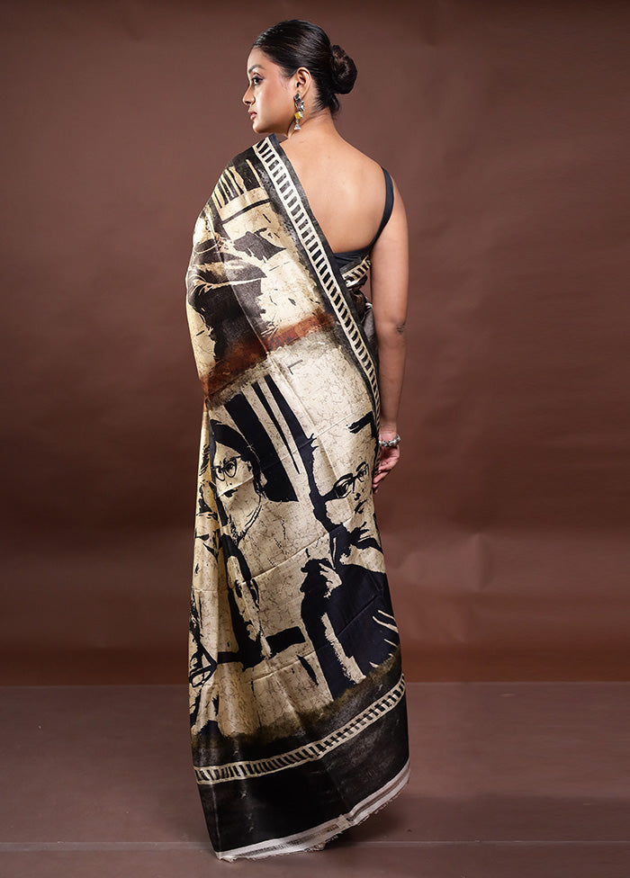 Black Printed Pure Silk Saree Without Blouse Piece