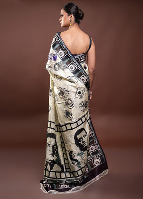 Cream Printed Pure Silk Saree Without Blouse Piece