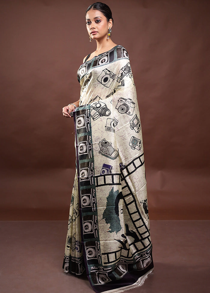 Cream Printed Pure Silk Saree Without Blouse Piece