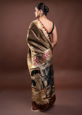 Brown Printed Pure Silk Saree Without Blouse Piece