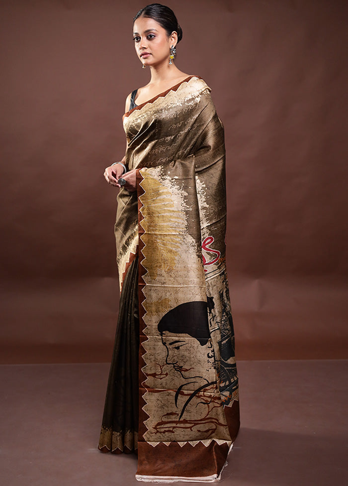 Brown Printed Pure Silk Saree Without Blouse Piece