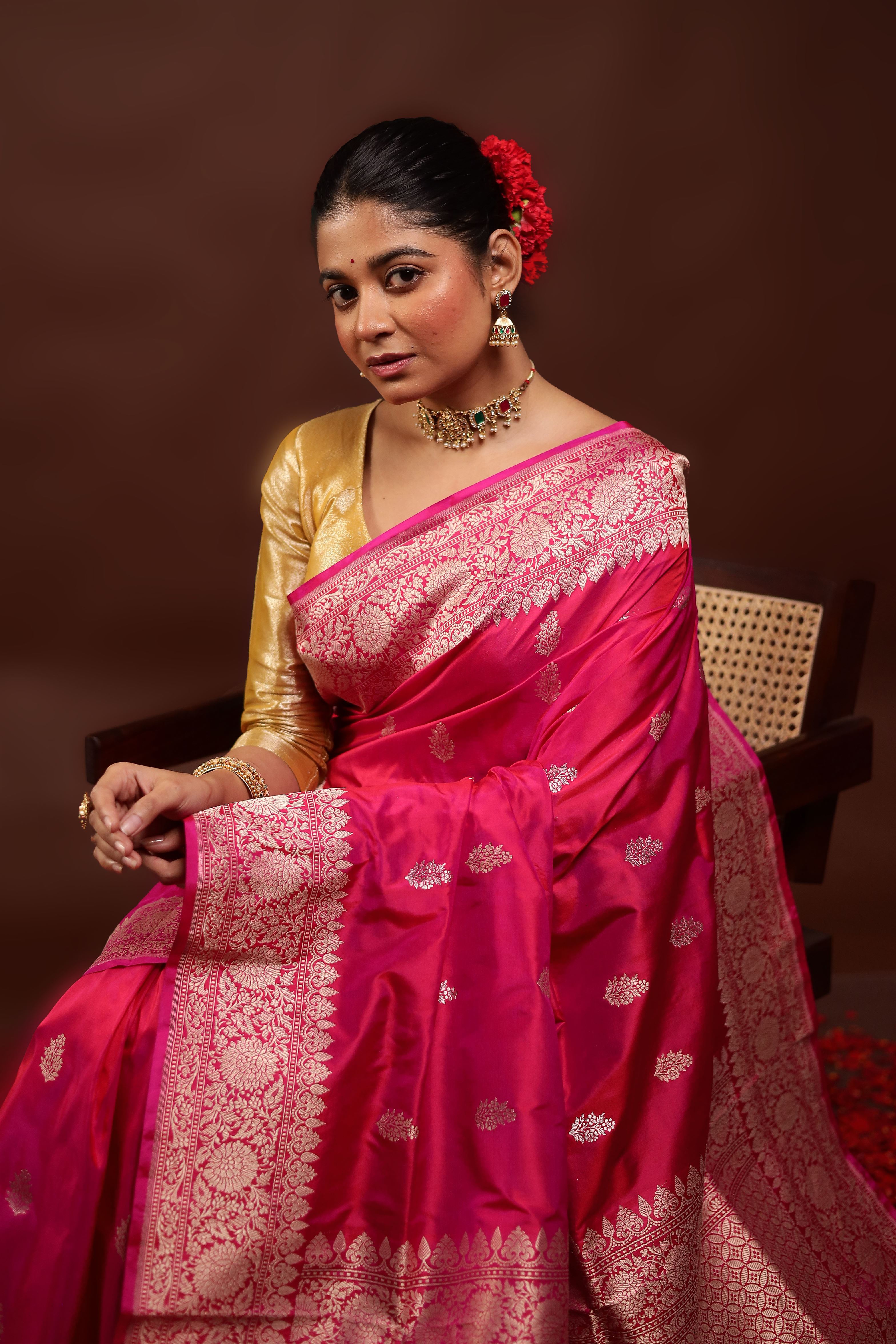 Pink Handloom Katan Pure Silk Saree With Blouse Piece