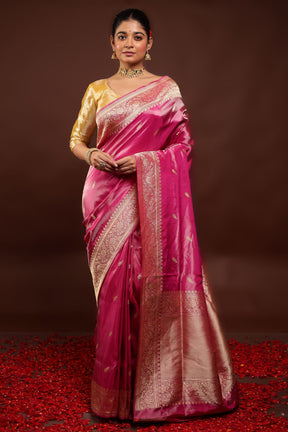 Pink Handloom Katan Pure Silk Saree With Blouse Piece