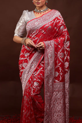 Red Handloom Pure Georgette Saree With Blouse Piece