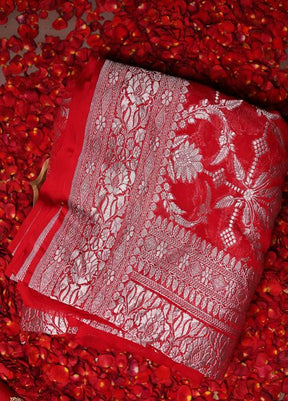 Red Handloom Pure Georgette Saree With Blouse Piece