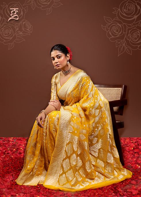 Yellow Handloom Pure Georgette Saree With Blouse Piece