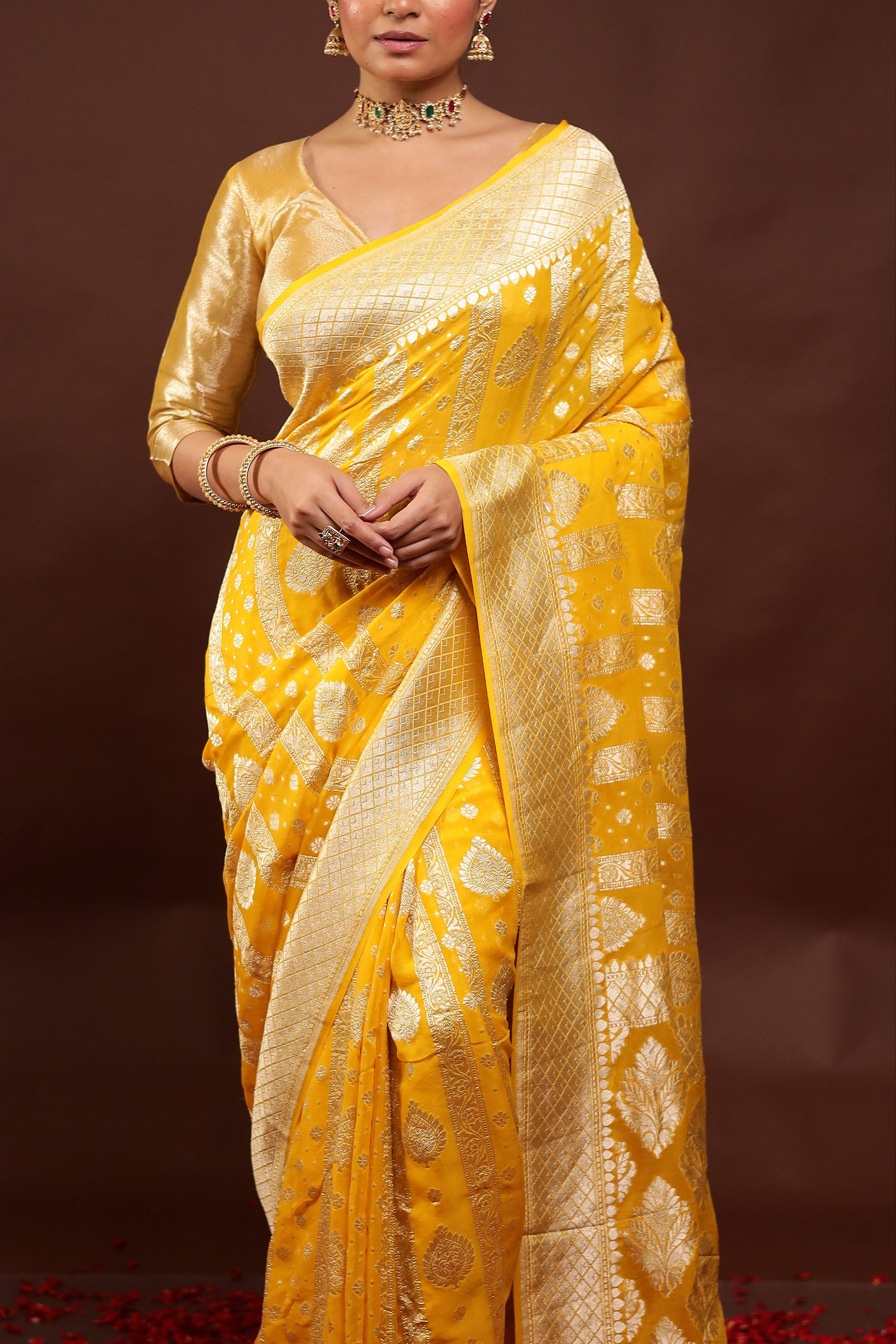 Yellow Handloom Pure Georgette Saree With Blouse Piece