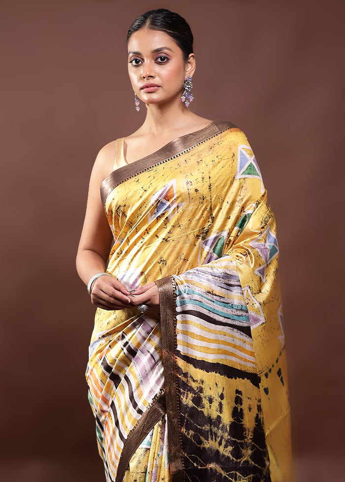 Yellow Handloom Tussar Pure Silk Saree With Blouse Piece