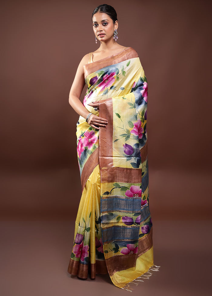 Yellow Handloom Tussar Pure Silk Saree With Blouse Piece