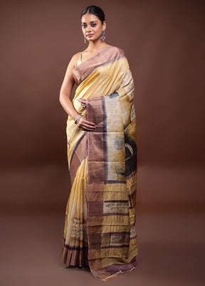 Yellow Handloom Tussar Pure Silk Saree With Blouse Piece