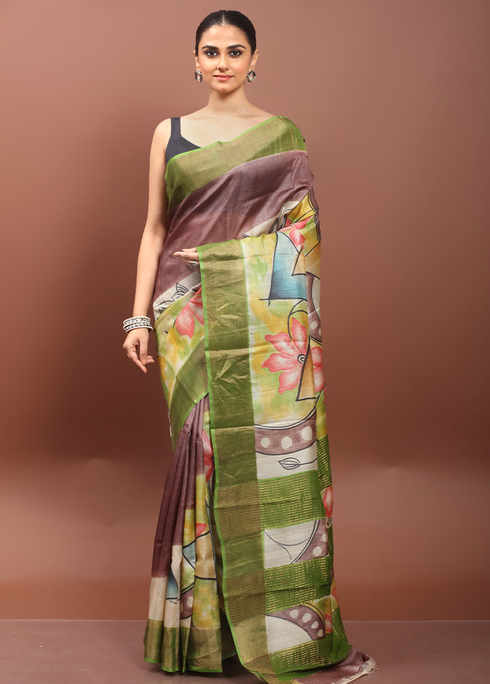 Green Handloom Tussar Pure Silk Saree With Blouse Piece