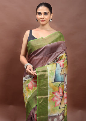 Green Handloom Tussar Pure Silk Saree With Blouse Piece