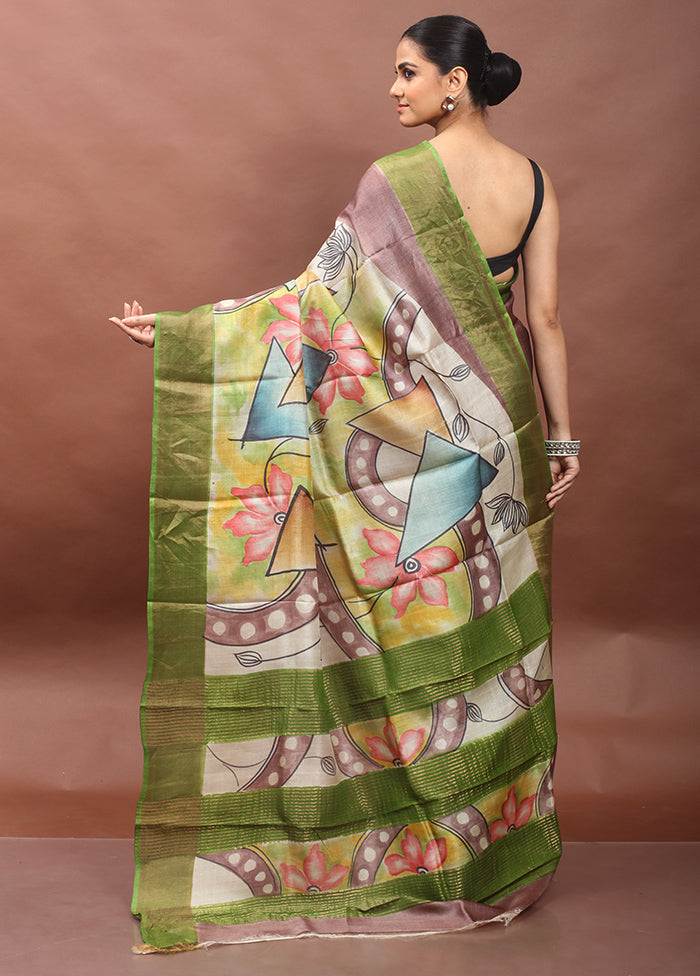 Green Handloom Tussar Pure Silk Saree With Blouse Piece