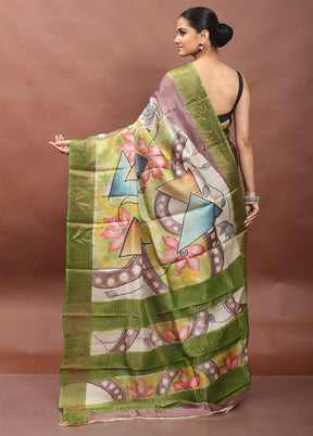Green Handloom Tussar Pure Silk Saree With Blouse Piece