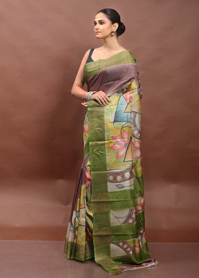 Green Handloom Tussar Pure Silk Saree With Blouse Piece