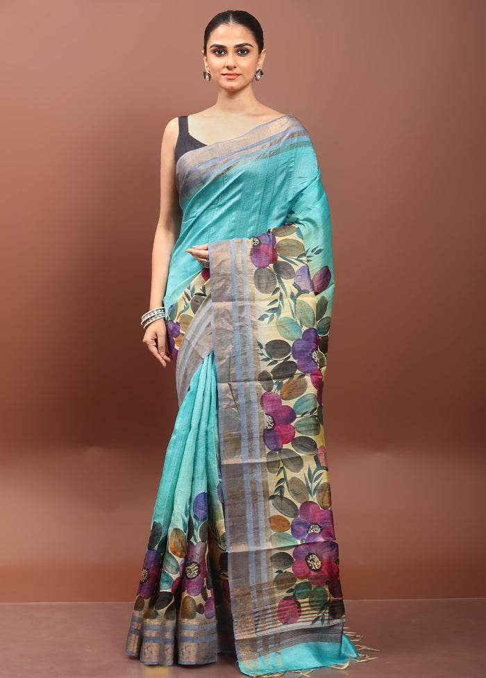 Blue Handloom Tussar Pure Silk Saree With Blouse Piece