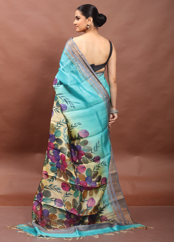 Blue Handloom Tussar Pure Silk Saree With Blouse Piece