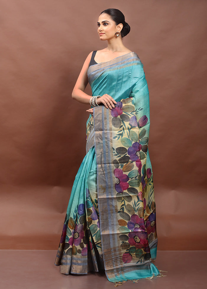 Blue Handloom Tussar Pure Silk Saree With Blouse Piece