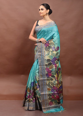Blue Handloom Tussar Pure Silk Saree With Blouse Piece