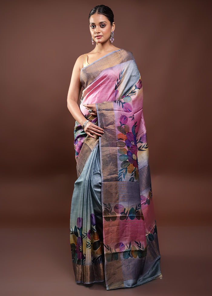 Multicolor Handloom Tussar Pure Silk Saree With Blouse Piece