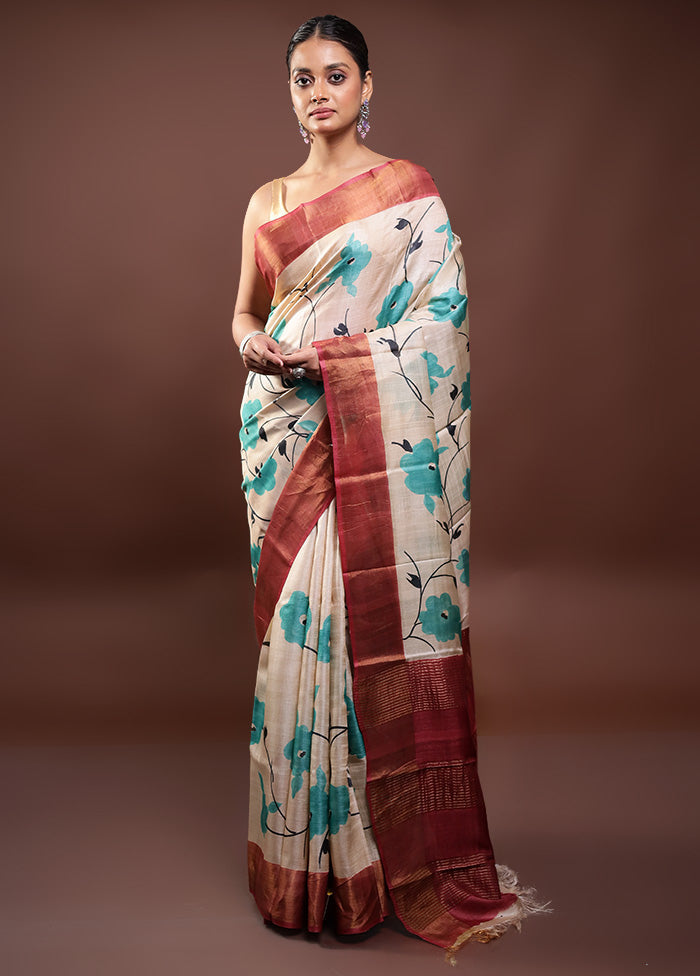 Cream Handloom Tussar Pure Silk Saree With Blouse Piece