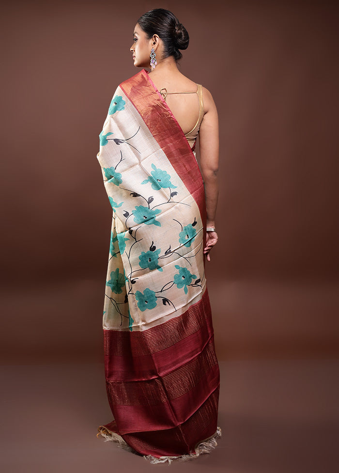 Cream Handloom Tussar Pure Silk Saree With Blouse Piece