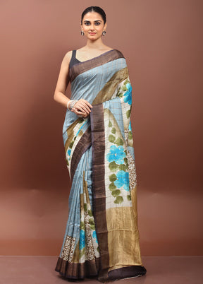 Grey Handloom Tussar Pure Silk Saree With Blouse Piece