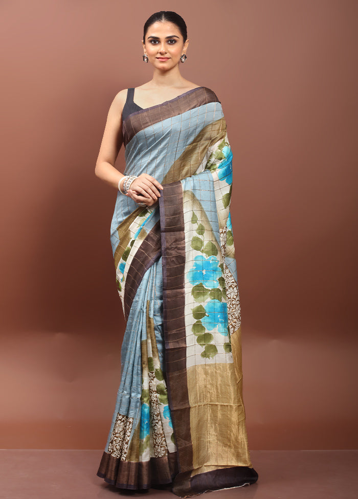 Grey Handloom Tussar Pure Silk Saree With Blouse Piece