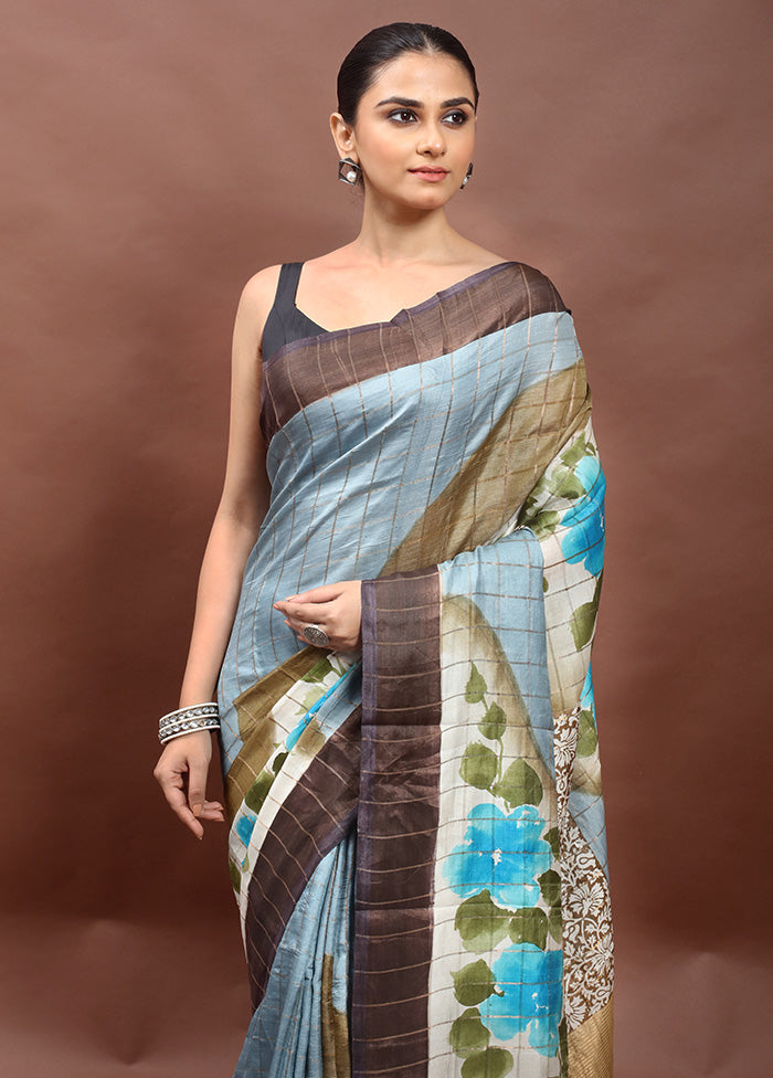 Grey Handloom Tussar Pure Silk Saree With Blouse Piece
