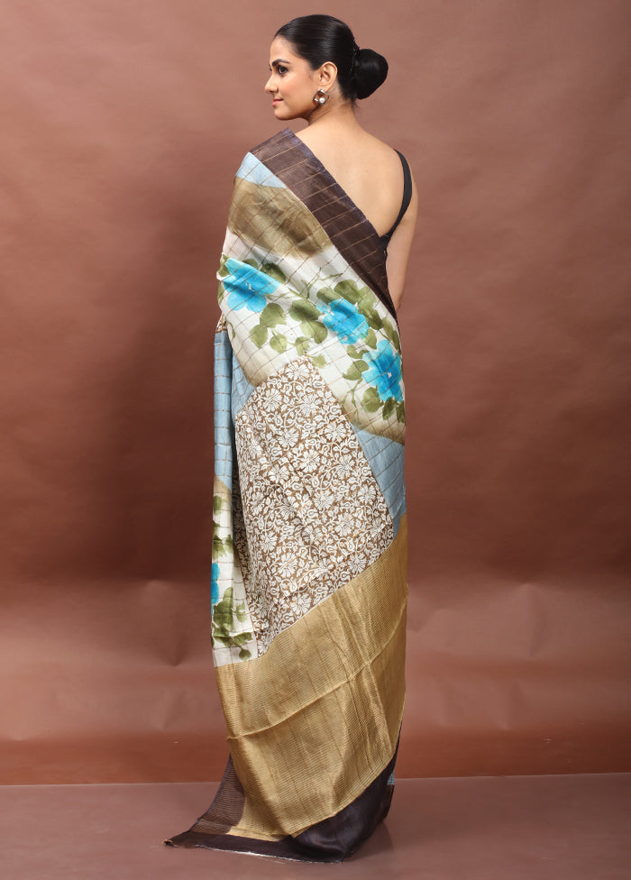 Grey Handloom Tussar Pure Silk Saree With Blouse Piece