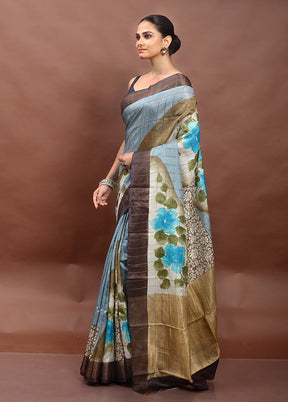 Grey Handloom Tussar Pure Silk Saree With Blouse Piece
