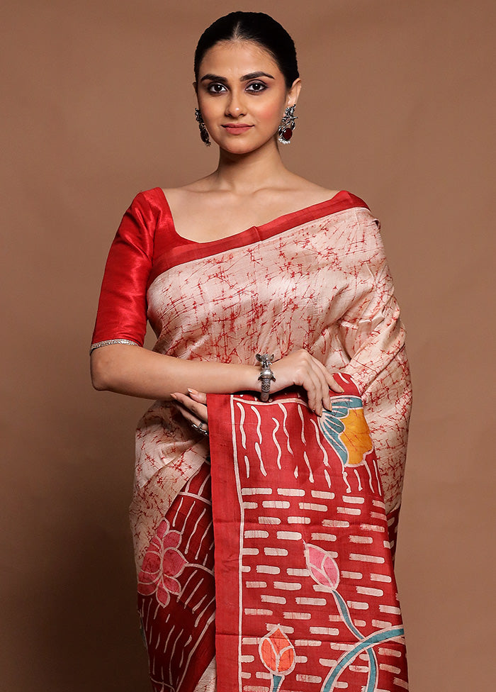 Cream Printed Pure Silk Saree Without Blouse Piece