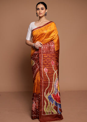 Yellow Printed Pure Silk Saree Without Blouse Piece