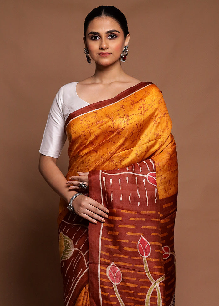 Yellow Printed Pure Silk Saree Without Blouse Piece