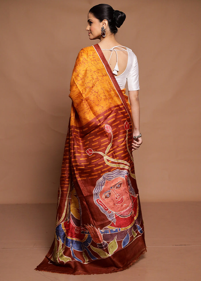 Yellow Printed Pure Silk Saree Without Blouse Piece